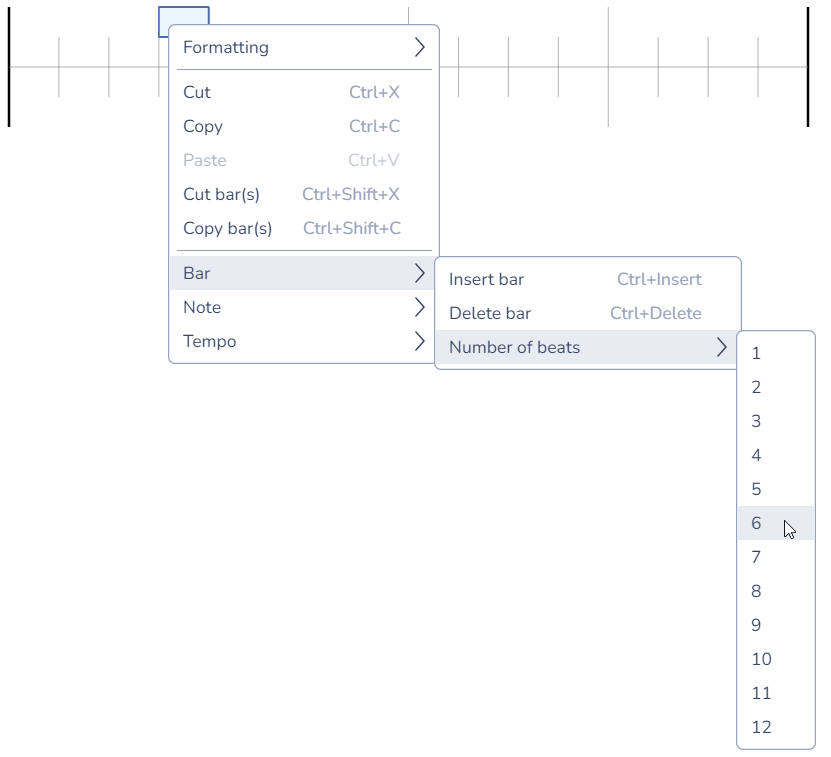 Change number of beats menu