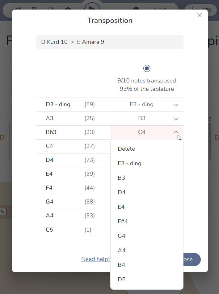 Dropdown listing the notes available on the new handpan