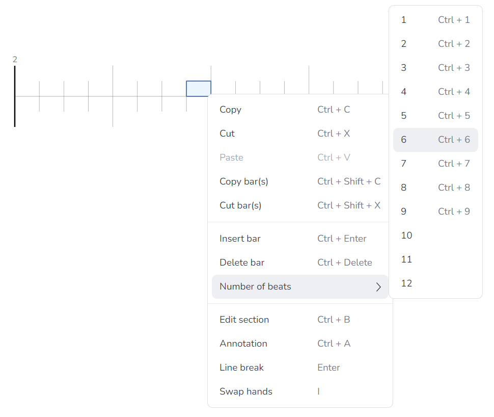 Change number of beats menu