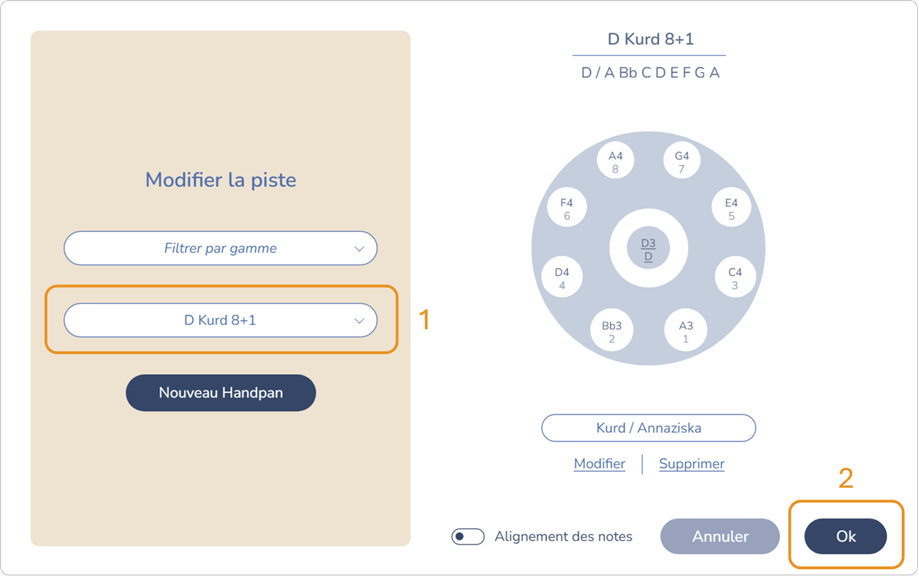 Fenêtre de sélection d'un handpan